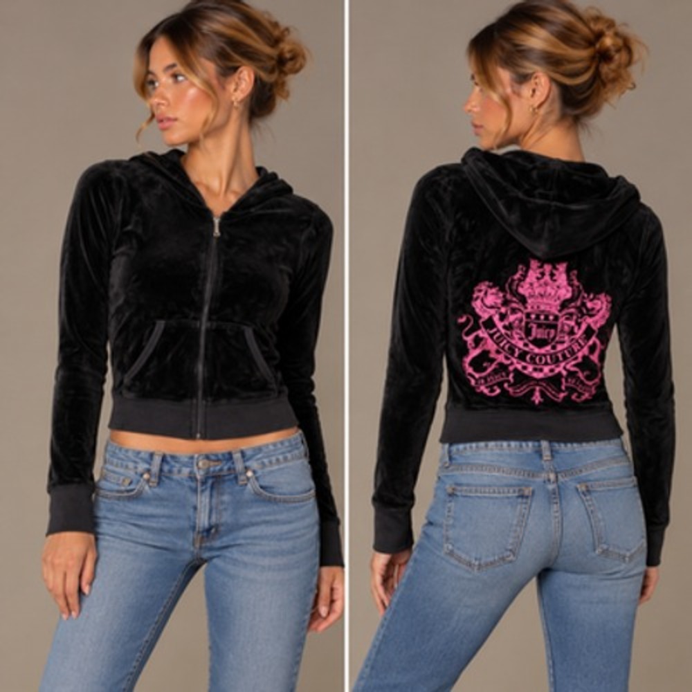 Juicy Couture Y2K Hoodie Womens XS Black Velour Full Zip Pink Crest Graphic